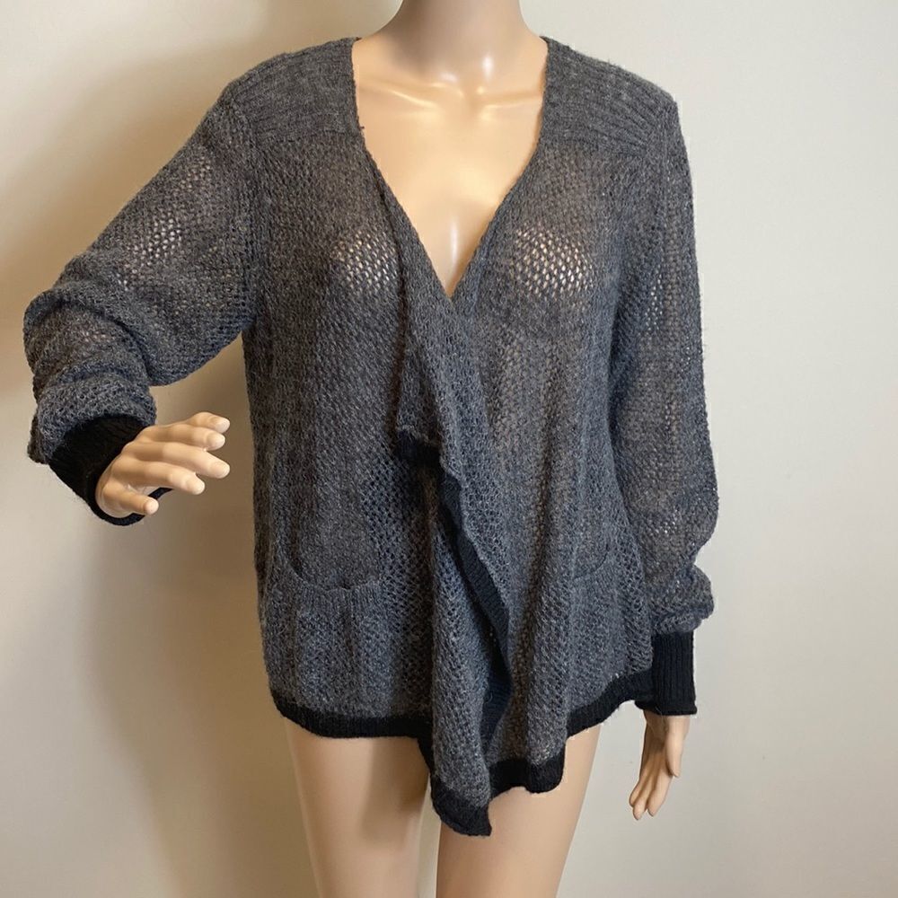 DKNY Jeans gray open knit drape front cardigan sweater Size L